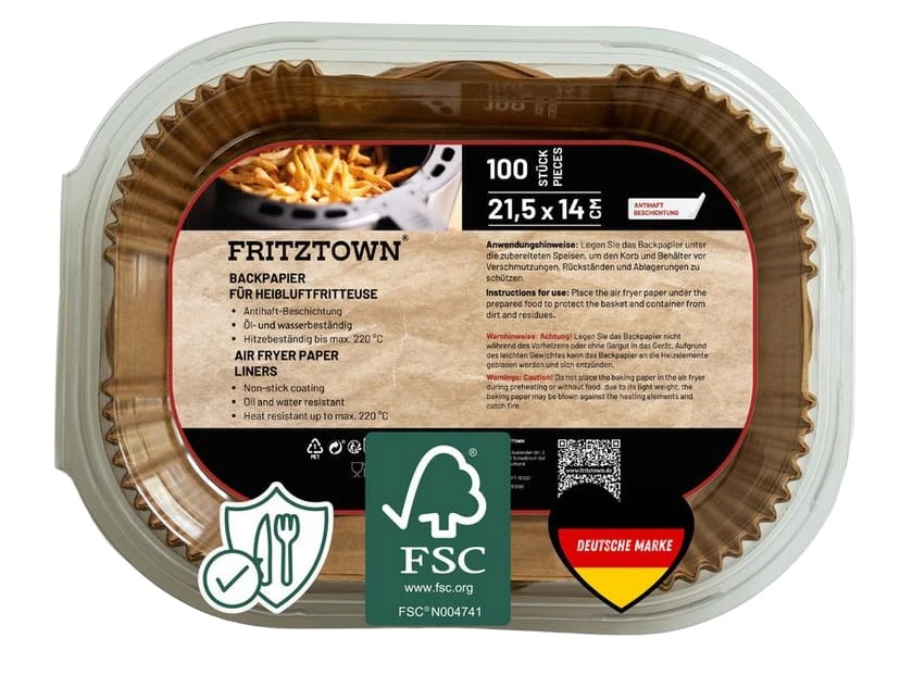 FRITZTOWN Backpapier für Heißluftfritteuse, 100 St., Antihaft, 21.5x14 cm